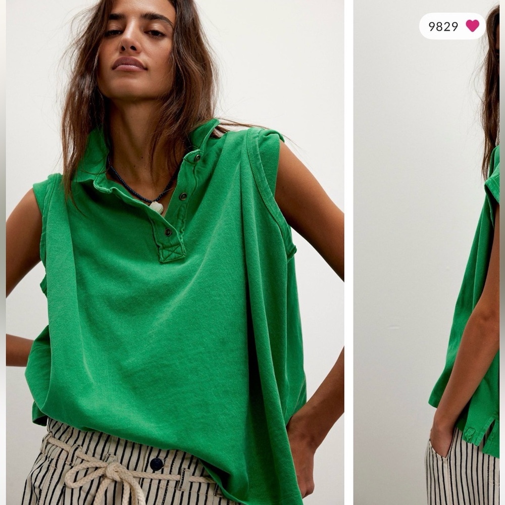 ☘️ Free People We The Free Keep On Cotton Polo in Green Size Large NWOT☘️ - Picture 3 of 6